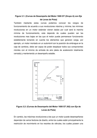Figura 3.1: (Curvas de Desempeño del Motor 1600 GT (Grupo A) con Eje
de Levas de Pista)
También mediante estas curvas podemos conocer los rangos de
funcionamiento de acuerdo a sus revoluciones máxima y mínima; las mínimas
revoluciones en un motor estándar vienen dadas por cual será la marcha
mínima de funcionamiento, esta depende de cuales pueden ser las
revoluciones mas bajas en las que el motor puede permanecer funcionando
establemente tomando en cuenta los elementos que generan carga, por
ejemplo, un motor montado en un automóvil con la posición de embrague en la
caja de cambios, debe ser capaz de poder desplazar todos sus componentes
móviles con el mínimo de entrada de aire (aleta de aceleración totalmente
cerrada) y manteniendo un desempeño estable.
Figura 3.2: (Curvas de Desempeño del Motor 1600 GT (N2) con Eje de
Levas de Pista)
En cambio, las máximas revoluciones a las que un motor puede desempeñarse
dependen de varios factores de diseño, entre los cuales están principalmente la
restricción de movimiento en los resortes de válvulas, los cuales poseen una
 