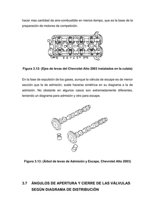 hacer mas cantidad de aire-combustible en menos tiempo, que es la base de la
preparación de motores de competición.
Figura 3.12: (Ejes de levas del Chevrolet Alto 2003 instalados en la culata)
En la fase de expulsión de los gases, aunque la válvula de escape es de menor
sección que la de admisión, suele hacerse simétrica en su diagrama a la de
admisión. No obstante en algunos casos son extremadamente diferentes,
teniendo un diagrama para admisión y otro para escape.
Figura 3.13: (Árbol de levas de Admisión y Escape, Chevrolet Alto 2003)
3.7 ÁNGULOS DE APERTURA Y CIERRE DE LAS VÁLVULAS
SEGÚN DIAGRAMA DE DISTRIBUCIÓN
 