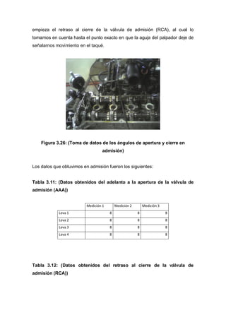 empieza el retraso al cierre de la válvula de admisión (RCA), al cual lo
tomamos en cuenta hasta el punto exacto en que la aguja del palpador deje de
señalarnos movimiento en el taqué.
Figura 3.26: (Toma de datos de los ángulos de apertura y cierre en
admisión)
Los datos que obtuvimos en admisión fueron los siguientes:
Tabla 3.11: (Datos obtenidos del adelanto a la apertura de la válvula de
admisión (AAA))
Medición 1 Medición 2 Medición 3
Leva 1 8 8 8
Leva 2 8 8 8
Leva 3 8 8 8
Leva 4 8 8 8
Tabla 3.12: (Datos obtenidos del retraso al cierre de la válvula de
admisión (RCA))
 