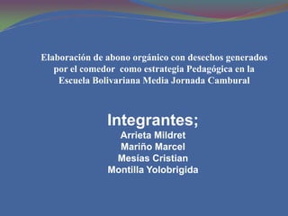 Elaboración de abono orgánico con desechos generados por el comedor  como estrategia Pedagógica en la Escuela Bolivariana Media Jornada Cambural Integrantes;  Arrieta Mildret Mariño Marcel Mesías Cristian Montilla Yolobrigida 