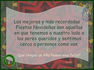 Las mejores y más recordadas Fiestas Navideñas son aquellas en que tenemos a nuestro lado a los seres queridos y sentimos cerca a personas como vos. VOLVER Que tengas un Año Nuevo muy feliz!!! 
