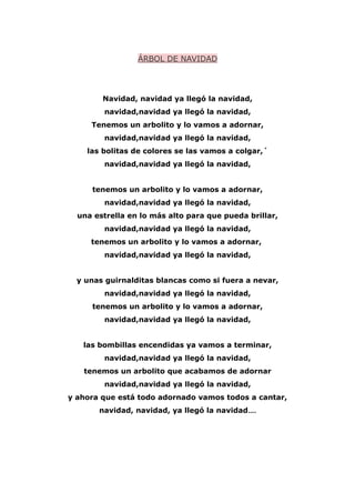 ÁRBOL DE NAVIDAD
Navidad, navidad ya llegó la navidad,
navidad,navidad ya llegó la navidad,
Tenemos un arbolito y lo vamos a adornar,
navidad,navidad ya llegó la navidad,
las bolitas de colores se las vamos a colgar,´
navidad,navidad ya llegó la navidad,
tenemos un arbolito y lo vamos a adornar,
navidad,navidad ya llegó la navidad,
una estrella en lo más alto para que pueda brillar,
navidad,navidad ya llegó la navidad,
tenemos un arbolito y lo vamos a adornar,
navidad,navidad ya llegó la navidad,
y unas guirnalditas blancas como si fuera a nevar,
navidad,navidad ya llegó la navidad,
tenemos un arbolito y lo vamos a adornar,
navidad,navidad ya llegó la navidad,
las bombillas encendidas ya vamos a terminar,
navidad,navidad ya llegó la navidad,
tenemos un arbolito que acabamos de adornar
navidad,navidad ya llegó la navidad,
y ahora que está todo adornado vamos todos a cantar,
navidad, navidad, ya llegó la navidad....