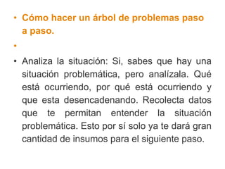 • Cómo hacer un árbol de problemas paso
a paso.
•
• Analiza la situación: Si, sabes que hay una
situación problemática, pero analízala. Qué
está ocurriendo, por qué está ocurriendo y
que esta desencadenando. Recolecta datos
que te permitan entender la situación
problemática. Esto por sí solo ya te dará gran
cantidad de insumos para el siguiente paso.
 