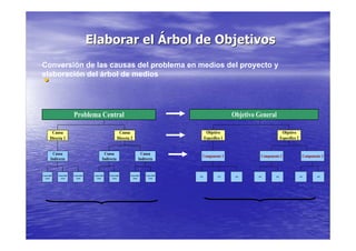 Elaborar el Árbol de Objetivos
Conversión de las causas del problema en medios del proyecto y
elaboración del árbol de medios
 •


                            Problema Central                                                                             Objetivo General

         Causa                                                    Causa                                    Objetivo                                Objetivo
        Directa 1                                                Directa 2                                Específico 1                            Específico 2


          Causa                                      Causa                        Causa
                                                                                                      Componente 1                  Componente 2                   Componente 3
         Indirecta                                  Indirecta                    Indirecta


Causa Indi-   Causa Indi-   Causa Indi-    Causa Indi-   Causa Indi-    Causa Indi-   Causa Indi-
                                                                                                    A22           A23     A24     A31       A32                  A41       A42
  recta         recta         recta          recta         recta          recta         recta
 