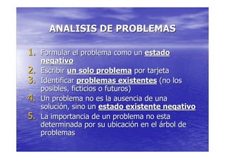 ANALISIS DE PROBLEMAS

1. Formular el problema como un estado
     negativo
2.   Escribir un solo problema por tarjeta
3.   Identificar problemas existentes (no los
     posibles, ficticios o futuros)
4.   Un problema no es la ausencia de una
     solución, sino un estado existente negativo
5.   La importancia de un problema no esta
     determinada por su ubicación en el árbol de
     problemas
 