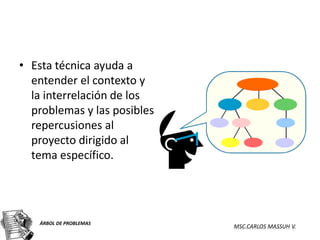 • Esta técnica ayuda a
  entender el contexto y
  la interrelación de los
  problemas y las posibles
  repercusiones al
  proyecto dirigido al
  tema específico.




   ÁRBOL DE PROBLEMAS
                             MSC.CARLOS MASSUH V.
 