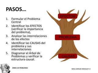 PASOS…
1. Formular el Problema
   Central
2. Identificar los EFECTOS
   (verificar la importancia
   del problema),
3. Analizar las interrelaciones
   de los efectos
4. Identificar las CAUSAS del
   problema y sus
   interrelaciones
5. Diagramar el Árbol de
   Problemas y verificar la
   estructura causal.

    ÁRBOL DE PROBLEMAS
                                  MSC.CARLOS MASSUH V.
 