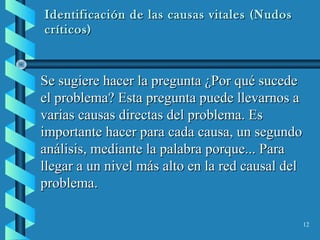 12
Identificación de las causas vitales (NudosIdentificación de las causas vitales (Nudos
críticos)críticos)
Se sugiere hacer la pregunta ¿Por qué sucedeSe sugiere hacer la pregunta ¿Por qué sucede
el problema? Esta pregunta puede llevarnos ael problema? Esta pregunta puede llevarnos a
varias causas directas del problema. Esvarias causas directas del problema. Es
importante hacer para cada causa, un segundoimportante hacer para cada causa, un segundo
análisis, mediante la palabra porque... Paraanálisis, mediante la palabra porque... Para
llegar a un nivel más alto en la red causal delllegar a un nivel más alto en la red causal del
problema.problema.
 