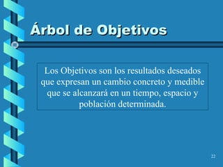 22
Árbol de ObjetivosÁrbol de Objetivos
Los Objetivos son los resultados deseados
que expresan un cambio concreto y medible
que se alcanzará en un tiempo, espacio y
población determinada.
 