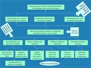 29
Mejora del estado de Salud en la población
infantil del distrito “Cerro Verde”
Accesibilidad a los
Servicios de Salud
Buena cobertura de
atención
Hábitos de Higiene
adecuados
Saneamiento Básico
eficiente
Estableci-
mientos de
Salud cercanos
Disponibilidad de
medios de transporte
Amplia
actividad
Preventivo-
Promocional
Suficiente
número de
Recursos
Patrones
culturales
adecuados
Suficientes
Recursos
Económicos
Adecuado trato
del personal de
Salud
Disminución de la Morbi-Mortalidad debido a
enfermedades infecciosas intestinales
Disminución de la tasa de
enfermedades prevenibles
Disminución de la tasa de
desnutrición infantil
Disminución de la tasa
de Morbi Mortalidad
Medios Fundamentales
M
edioscon
loscualesse
solucionará
elproblema
Objetivo
Principal
Fines o
propósitos
que se
espera
conseguir
 