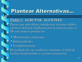 32
Plantear Alternativas...Plantear Alternativas...
PASO 5PASO 5: AGRUPAR ACCIONES: AGRUPAR ACCIONES
Puesto que sólo deben considerarse acciones viables,Puesto que sólo deben considerarse acciones viables,
entonces deberán clasificarse por su relación entre sí.entonces deberán clasificarse por su relación entre sí.
De esta manera pueden ser:De esta manera pueden ser:
• Mutuamente excluyentesMutuamente excluyentes
• IndependientesIndependientes
• ComplementariasComplementarias
El resultado de este análisis lo constituye el árbol deEl resultado de este análisis lo constituye el árbol de
medios fundamentales y acciones propuestas.medios fundamentales y acciones propuestas.
 