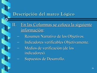 36
Descripción del marco LógicoDescripción del marco Lógico
II.II. En las Columnas se coloca la siguienteEn las Columnas se coloca la siguiente
informacióninformación::
– Resumen Narrativo de los Objetivos.Resumen Narrativo de los Objetivos.
– Indicadores verificables Objetivamente.Indicadores verificables Objetivamente.
– Medios de verificación (de losMedios de verificación (de los
indicadores).indicadores).
– Supuestos de Desarrollo.Supuestos de Desarrollo.
 