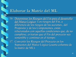 42
Elaborar la Matriz del MLElaborar la Matriz del ML
16.16. Determinar los Riesgos del Fin para el desarrolloDeterminar los Riesgos del Fin para el desarrollo
del Marco Lógicodel Marco Lógico: Los riesgos del Fin, a: Los riesgos del Fin, a
diferencia de los riesgos de las acciones , deldiferencia de los riesgos de las acciones , del
Propósito y de los Componentes, estánPropósito y de los Componentes, están
relacionados con aquellas condiciones que, de norelacionados con aquellas condiciones que, de no
cumplirse, evitarían que el Fin del proyecto seacumplirse, evitarían que el Fin del proyecto sea
sostenible y continuo en el tiempo.sostenible y continuo en el tiempo.
17.17. Convertir los Riesgos del Proyecto en losConvertir los Riesgos del Proyecto en los
Supuestos del Marco Lógico (cuarta columna deSupuestos del Marco Lógico (cuarta columna de
la matriz de ML).la matriz de ML).
 