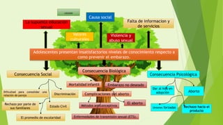Adolescentes presentan insatisfactorios niveles de conocimiento respecto a
como prevenir el embarazo.
Valores
culturales
Falta de informacion y
de servicios
Causa social
Violencia y
abuso sexual
La supuesta educación
sexual
Consecuencia Social
Consecuencia Biológica
Consecuencia Psicológica
Estado Civil
Dificultad para consolidar una
relación de pareja
Rechazo por parte de
sus familiares
El promedio de escolaridad
Discriminación
Aborto
Dar al hijo en
adopción
Rechazo hacia el
producto
Uniones forzadas
El aborto
Complicaciones del aborto
Mortalidad infantil Embarazo no deseado
Métodos anticonceptivos
Enfermedades de transmisión sexual (ETS).
causas
 