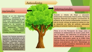 Antecedentes
nacionales
internacionales
Alvarado e Infante (9) Mujer y educación
adolescentes embarazada, Buenos Aires, República
Argentina, Resumen de congreso. Conclusiones: El
problema de las jóvenes embarazadas concierne a
todo el mundo, aunque se agrava en países en vías
de desarrollo por falta de políticas adecuadas
acordes al momento histórico que se vive.
Pérez et al (10) Percepción de riesgo sobre el
embarazo en adolescentes de noveno grado 2016,
con el objetivo, fue determinar la percepción de
riesgo del embarazo en la adolescencia de los
estudiantes del noveno grado de la ESBU Elías
Zaldívar Álvarez del municipio de Media Luna, en el
periodo junio-diciembre del 2014. Metodología se
realizó un estudio cuantitativo descriptivo de corte
transversal con adolescentes
Álvarez et al (13) Maternidad
temprana: percepciones e
implicaciones. Universidad de Jaén
2013, cuyo objetivo Explorar y
analizar el rol desempeñado por las
madres en el proceso de
adaptación a la maternidad de sus
hijas adolescentes. Personas,
material y método: Diseño
cualitativo fenomenológico.
Complejo Hospitalario de Jaén.
Romero (14) Factores asociados al
embarazo en adolescentes en las
afiliadas al SIS del centro de salud
de Chilca – Huancayo, durante el
periodo 2019, cuyo objetivo
determinar el nivel de los factores
asociados al embarazo en las
adolescentes afiliadas en el Centro
de Salud Chilca – Huancayo 2019.
 