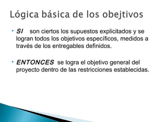 



SI son ciertos los supuestos explicitados y se
logran todos los objetivos específicos, medidos a
través de los entregables definidos.
ENTONCES se logra el objetivo general del
proyecto dentro de las restricciones establecidas.

 