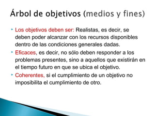 





Los objetivos deben ser: Realistas, es decir, se
deben poder alcanzar con los recursos disponibles
dentro de las condiciones generales dadas.
Eficaces, es decir, no sólo deben responder a los
problemas presentes, sino a aquellos que existirán en
el tiempo futuro en que se ubica el objetivo.
Coherentes, si el cumplimiento de un objetivo no
imposibilita el cumplimiento de otro.

 