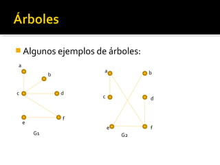  Algunos ejemplos de árboles:
a
                     a            b
             b


c                d
                     c            d


                 f
    e
                         e        f
        G1                   G2
 