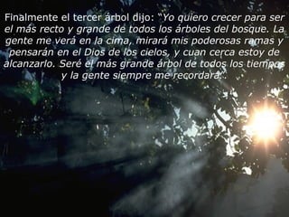 Finalmente el tercer árbol dijo: “Yo quiero crecer para ser
el más recto y grande de todos los árboles del bosque. La
gente me verá en la cima, mirará mis poderosas ramas y
pensarán en el Dios de los cielos, y cuan cerca estoy de
alcanzarlo. Seré el más grande árbol de todos los tiempos
y la gente siempre me recordará”.
 