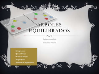 ARBOLES
EQUILIBRADOS
Balanceo y equilibrio
mediante la rotación
Integrantes:
•Javier Pérez
•Ulimar Rivero
Asignatura:
Análisis de algoritmos
 