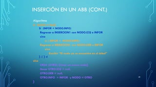 INSERCIÓN EN UN ABB (CONT.)
Algoritmo
Si NODO ≠ Null{
Si (INFOR < NODO.INFO)
Regresar a INSERCION1 con NODO.IZQ e INFOR
sino
si ( INFOR > NODO.INFO)
Regresar a INSERCION1 con NODO.DER e INFOR
sino
Escribir “El nodo ya se encuentra en el árbol”
} // } si
else
CREA (OTRO) {Crear un nuevo nodo}
Hacer OTRO.IZQ = null,
OTRO.DER = null,
OTRO.INFO = INFOR y NODO = OTRO
}
28
 