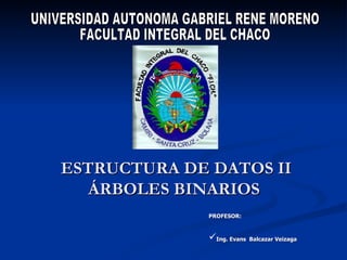 ESTRUCTURA DE DATOS II ÁRBOLES BINARIOS  UNIVERSIDAD AUTONOMA GABRIEL RENE MORENO FACULTAD INTEGRAL DEL CHACO ,[object Object],[object Object]