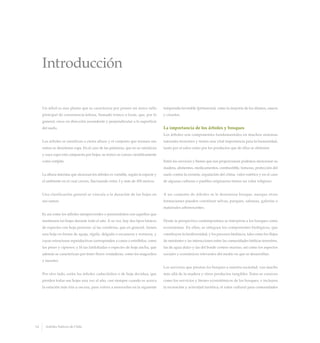Un árbol es una planta que se caracteriza por poseer un único tallo
principal de consistencia leñosa, llamado tronco o fuste, que, por lo
general, crece en dirección ascendente y perpendicular a la superficie
del suelo.
Los árboles se ramifican a cierta altura y el conjunto que forman sus
ramas se denomina copa. En el caso de las palmeras, que no se ramifican
y cuya copa está compuesta por hojas, su tronco se conoce científicamente
como estípite.
La altura máxima que alcanzan los árboles es variable, según la especie y
el ambiente en el cual crecen, fluctuando entre 3 y más de 100 metros.
Una clasificación general se vincula a la duración de las hojas en
sus ramas.
Es así como los árboles siempreverdes o perennifolios son aquellos que
mantienen las hojas durante todo el año. A su vez, hay dos tipos básicos
de especies con hoja perenne: a) las coníferas, que en general, tienen
una hoja en forma de aguja, rígida, delgada o escamosa y resinosa, y
cuyas estructuras reproductivas corresponden a conos o estróbilos, como
los pinos y cipreses; y b) las latifoliadas o especies de hoja ancha, que
además se caracterizan por tener flores verdaderas, como los magnolios
y laureles.
Por otro lado, están los árboles caducifolios o de hoja decidua, que
pierden todas sus hojas una vez al año, casi siempre cuando se acerca
la estación más fría u oscura, para volver a renovarlas en la siguiente
Introducción
temporada favorable (primavera), como la mayoría de los álamos, sauces
y ciruelos.
La importancia de los árboles y bosques
Los árboles son componentes fundamentales en muchos sistemas
naturales terrestres y tienen una vital importancia para la humanidad,
tanto por sí solos como por los productos que de ellos se obtienen.
Entre los servicios y bienes que nos proporcionan podemos mencionar su
madera, alimentos, medicamentos, combustible, tinturas, protección del
suelo contra la erosión, regulación del clima, valor estético y en el caso
de algunas culturas o pueblos originarios tienen un valor religioso.
A un conjunto de árboles se le denomina bosque, aunque otras
formaciones pueden constituir selvas, parques, sabanas, galerías o
matorrales arborescentes.
Desde la perspectiva contemporánea se interpreta a los bosques como
ecosistemas. En ellos, se integran los componentes biológicos, que
constituyen la biodiversidad, y los procesos biofísicos, tales como los flujos
de nutrientes y las interacciones entre las comunidades bióticas terrestres,
las de agua dulce y las del borde costero marino, así como los aspectos
sociales y económicos relevantes del medio en que se desarrollan.
Los servicios que prestan los bosques a nuestra sociedad, van mucho
más allá de la madera y otros productos tangibles. Estos se conocen
como los servicios y bienes ecosistémicos de los bosques, e incluyen
la recreación y actividad turística; el valor cultural para comunidades
14 Arboles Nativos de Chile
 