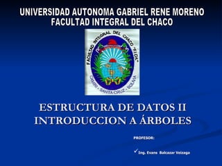 ESTRUCTURA DE DATOS II INTRODUCCION A ÁRBOLES UNIVERSIDAD AUTONOMA GABRIEL RENE MORENO FACULTAD INTEGRAL DEL CHACO ,[object Object],[object Object]