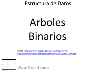 Estructura de Datos
Víctor Viera Balanta
Arboles
Binarios
Canal: http://www.youtube.com/user/vieravictor01
http://www.youtube.com/playlist?list=PL2FC180FECDC9635E
 