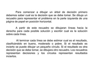 	Para comenzar a dibujar un árbol de decisión primero debemos saber cual es la decisión que se debe tomar. Se dibuja un recuadro para representar el problema en la parte izquierda de una página de papel en posición horizontal.	A partir de este recuadro se dibujaran líneas hacia la derecha para cada posible solución y escribir cual es la solución sobre cada línea.	 Al terminar cada línea se debe estimar cual es el resultado, clasificándolo en bueno, moderado o pobre. Si el resultado es incierto se puede dibujar un pequeño círculo. Si el resultado es otra decisión que se debe tomar, se dibujara otro recuadro. Los recuadros representan decisiones y los círculos representan resultados inciertos.