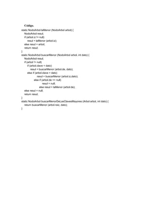 Código.
static NodoArbol laMenor (NodoArbol arbol) {
NodoArbol resul;
if (arbol.iz != null)
resul = laMenor (arbol.iz);
else resul = arbol;
return resul;
}
static NodoArbol buscarMenor (NodoArbol arbol, int dato) {
NodoArbol resul;
if (arbol != null)
if (arbol.clave < dato)
resul = buscarMenor (arbol.de, dato);
else if (arbol.clave > dato)
resul = buscarMenor (arbol.iz,dato);
else if (arbol.de == null)
resul = null;
else resul = laMenor (arbol.de);
else resul = null;
return resul;
}
static NodoArbol buscarMenorDeLasClavesMayores (Arbol arbol, int dato) {
return buscarMenor (arbol.raiz, dato);
}
 