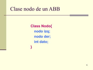 18
Clase nodo de un ABB
Class Nodo{
nodo izq;
nodo der;
int dato;
}
 