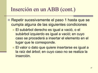 27
Inserción en un ABB (cont.)
 Repetir sucesivamente el paso 1 hasta que se
cumpla alguna de las siguientes condiciones
 El subárbol derecho es igual a vació, o el
subárbol izquierdo es igual a vació; en cuyo
caso se procederá a insertar el elemento en el
lugar que le corresponde.
 El valor o dato que quiere insertarse es igual a
la raíz del árbol; en cuyo caso no se realiza la
inserción.
 