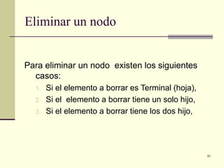 31
Eliminar un nodo
Para eliminar un nodo existen los siguientes
casos:
1. Si el elemento a borrar es Terminal (hoja),
2. Si el elemento a borrar tiene un solo hijo,
3. Si el elemento a borrar tiene los dos hijo,
 