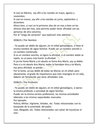 10
Si nací en febrero, soy afín a los nacidos en mayo, agosto y
noviembre.
Si nací en marzo, soy afín a los nacidos en junio, septiembre y
diciembre.
Ahora bien, si nací en lo primeros días de un mes o bien en los
últimos días del mes, esto permite poder tener afinidad con las
personas de otra columna.
Por el "rango de variación" que explicaré más adelante.
DOBLES / Por Nombre
- Yo puedo ser doble de alguien, en mi árbol genealógico, si llevo el
mismo nombre de algún familiar. Puede ser un nombre sencillo o
un nombre combinado.
Si es un nombre sencillo, es ligera la afinidad, si el nombre doble se
repite, es un poco más fuerte la afinidad.
Si yo me llamo María y mi abuela se llama Ana María, soy su doble.
Pero si a mi abuela Ana María, todos la llamaban Ana y no María,
esa poca afinidad, se pierde.
Por lo tanto, yo soy doble de todas las Marías en mi árbol, pero
obviamente, el grado de importancia que esto impregne en mi vida,
deberá ser fortalecido por otras afinidades más.
DOBLES / Por Profesión
- Yo puedo ser doble de alguien, en mi árbol genealógico, si ejerzo
la misma profesión o actividad de algún familiar.
Puede ser la misma carrera profesional, las mismas actividades
laborales o las mismas capacidades manuales.
Por ejemplo:
Policía, Militar, Vigilante, Velador, etc. Todas relacionadas con la
búsqueda de la autoridad, del padre.
Juez, Abogado, etc. Todas relacionadas con salvar de injusticias al
clan.
 