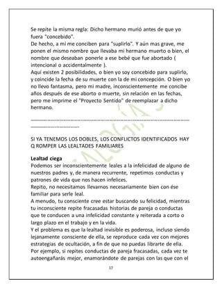 17
Se repite la misma regla: Dicho hermano murió antes de que yo
fuera "concebido".
De hecho, a mí me conciben para "suplirlo". Y aún mas grave, me
ponen el mismo nombre que llevaba mi hermano muerto o bien, el
nombre que deseaban ponerle a ese bebé que fue abortado (
intencional o accidentalmente ).
Aquí existen 2 posibilidades, o bien yo soy concebido para suplirlo,
y coincide la fecha de su muerte con la de mi concepción. O bien yo
no llevo fantasma, pero mi madre, inconscientemente me concibe
años después de ese aborto o muerte, sin relación en las fechas,
pero me imprime el "Proyecto Sentido" de reemplazar a dicho
hermano.
------------------------------------------------------------------------------------------
----------------------------
SI YA TENEMOS LOS DOBLES, LOS CONFLICTOS IDENTIFICADOS HAY
Q ROMPER LAS LEALTADES FAMILIARES
Lealtad ciega
Podemos ser inconscientemente leales a la infelicidad de alguno de
nuestros padres y, de manera recurrente, repetimos conductas y
patrones de vida que nos hacen infelices.
Repito, no necesitamos llevarnos necesariamente bien con ése
familiar para serle leal.
A menudo, tu consciente cree estar buscando su felicidad, mientras
tu inconsciente repite fracasadas historias de pareja o conductas
que te conducen a una infelicidad constante y reiterada a corto o
largo plazo en el trabajo y en la vida.
Y el problema es que la lealtad invisible es poderosa, incluso siendo
lejanamente consciente de ella, se reproduce cada vez con mejores
estrategias de ocultación, a fin de que no puedas librarte de ella.
Por ejemplo, si repites conductas de pareja fracasadas, cada vez te
autoengañarás mejor, enamorándote de parejas con las que con el
 