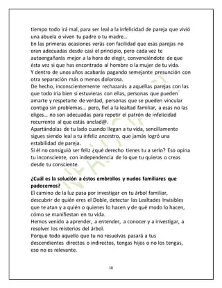 18
tiempo todo irá mal, para ser leal a la infelicidad de pareja que vivió
una abuela o viven tu padre o tu madre…
En las primeras ocasiones verás con facilidad que esas parejas no
eran adecuadas desde casi el principio, pero cada vez te
autoengañarás mejor a la hora de elegir, convenciéndote de que
ésta vez si que has encontrado al hombre o la mujer de tu vida.
Y dentro de unos años acabarás pagando semejante presunción con
otra separación más o menos dolorosa.
De hecho, inconscientemente rechazarás a aquellas parejas con las
que todo iría bien si estuvieras con ellas, personas que pueden
amarte y respetarte de verdad, personas que se pueden vincular
contigo sin problemas… pero, fiel a la lealtad familiar, a esas no las
eliges… no son adecuadas para repetir el patrón de infelicidad
recurrente al que estás anclad@.
Apartándolas de tu lado cuando llegan a tu vida, sencillamente
sigues siendo leal a tu infeliz ancestro, que jamás logró una
estabilidad de pareja.
Si él no consiguió ser feliz ¿qué derecho tienes tu a serlo? Eso opina
tu inconsciente, con independencia de lo que tu quieras o creas
desde tu consciente.
¿Cuál es la solución a éstos embrollos y nudos familiares que
padecemos?
El camino de la luz pasa por investigar en tu árbol familiar,
descubrir de quién eres el Doble, detectar las Lealtades Invisibles
que te atan y a quién o quienes lo hacen y de qué modo lo hacen,
cómo se manifiestan en tu vida.
Hemos venido a aprender, a entender, a conocer y a investigar, a
resolver los misterios del árbol.
Porque todo aquello que tu no resuelvas pasará a tus
descendientes directos o indirectos, tengas hijos o no los tengas,
eso no es relevante.
 