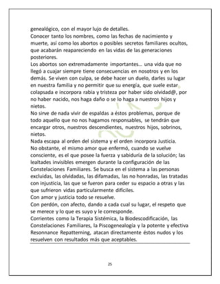 25
genealógico, con el mayor lujo de detalles.
Conocer tanto los nombres, como las fechas de nacimiento y
muerte, así como los abortos o posibles secretos familiares ocultos,
que acabarán reapareciendo en las vidas de las generaciones
posteriores.
Los abortos son extremadamente importantes… una vida que no
llegó a cuajar siempre tiene consecuencias en nosotros y en los
demás. Se viven con culpa, se debe hacer un duelo, darles su lugar
en nuestra familia y no permitir que su energía, que suele estar
colapsada e incorpora rabia y tristeza por haber sido olvidad@, por
no haber nacido, nos haga daño o se lo haga a nuestros hijos y
nietos.
No sirve de nada vivir de espaldas a éstos problemas, porque de
todo aquello que no nos hagamos responsables, se tendrán que
encargar otros, nuestros descendientes, nuestros hijos, sobrinos,
nietos.
Nada escapa al orden del sistema y el orden incorpora Justicia.
No obstante, el mismo amor que enfermó, cuando se vuelve
consciente, es el que posee la fuerza y sabiduría de la solución; las
lealtades invisibles emergen durante la configuración de las
Constelaciones Familiares. Se busca en el sistema a las personas
excluidas, las olvidadas, las difamadas, las no honradas, las tratadas
con injusticia, las que se fueron para ceder su espacio a otras y las
que sufrieron vidas particularmente difíciles.
Con amor y justicia todo se resuelve.
Con perdón, con afecto, dando a cada cual su lugar, el respeto que
se merece y lo que es suyo y le corresponde.
Corrientes como la Terapia Sistémica, la Biodescodificación, las
Constelaciones Familiares, la Piscogenealogía y la potente y efectiva
Resonnance Repatterning, atacan directamente éstos nudos y los
resuelven con resultados más que aceptables.
 