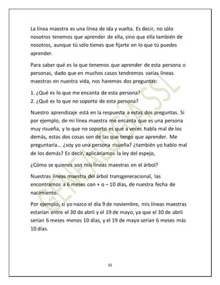 33
La línea maestra es una línea de ida y vuelta. Es decir, no sólo
nosotros tenemos que aprender de ella, sino que ella también de
nosotros, aunque tú sólo tienes que fijarte en lo que tú puedes
aprender.
Para saber qué es lo que tenemos que aprender de esta persona o
personas, dado que en muchos casos tendremos varias líneas
maestras en nuestra vida, nos haremos dos preguntas:
1. ¿Qué es lo que me encanta de esta persona?
2. ¿Qué es lo que no soporto de esta persona?
Nuestro aprendizaje está en la respuesta a estas dos preguntas. Si
por ejemplo, de mi línea maestra me encanta que es una persona
muy risueña, y lo que no soporto es que a veces habla mal de los
demás, estas dos cosas son de las que tengo que aprender. Me
preguntaría… ¿soy yo una persona risueña? ¿también yo hablo mal
de los demás? Es decir, aplicaríamos la ley del espejo,
¿Cómo se quienes son mis líneas maestras en el árbol?
Nuestras líneas maestra del árbol transgeneracional, las
encontramos a 6 meses con + o – 10 días, de nuestra fecha de
nacimiento.
Por ejemplo, si yo nazco el día 9 de noviembre, mis líneas maestras
estarían entre el 30 de abril y el 19 de mayo, ya que el 30 de abril
serían 6 meses menos 10 días, y el 19 de mayo serían 6 meses más
10 días.
 