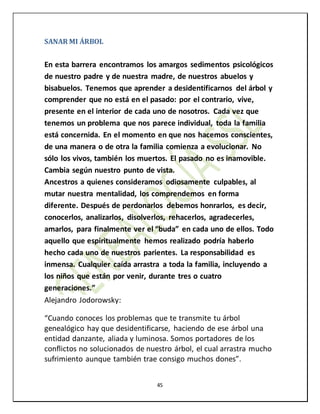 45
SANAR MI ÁRBOL
En esta barrera encontramos los amargos sedimentos psicológicos
de nuestro padre y de nuestra madre, de nuestros abuelos y
bisabuelos. Tenemos que aprender a desidentificarnos del árbol y
comprender que no está en el pasado: por el contrario, vive,
presente en el interior de cada uno de nosotros. Cada vez que
tenemos un problema que nos parece individual, toda la familia
está concernida. En el momento en que nos hacemos conscientes,
de una manera o de otra la familia comienza a evolucionar. No
sólo los vivos, también los muertos. El pasado no es inamovible.
Cambia según nuestro punto de vista.
Ancestros a quienes consideramos odiosamente culpables, al
mutar nuestra mentalidad, los comprendemos en forma
diferente. Después de perdonarlos debemos honrarlos, es decir,
conocerlos, analizarlos, disolverlos, rehacerlos, agradecerles,
amarlos, para finalmente ver el “buda” en cada uno de ellos. Todo
aquello que espiritualmente hemos realizado podría haberlo
hecho cada uno de nuestros parientes. La responsabilidad es
inmensa. Cualquier caída arrastra a toda la familia, incluyendo a
los niños que están por venir, durante tres o cuatro
generaciones.”
Alejandro Jodorowsky:
“Cuando conoces los problemas que te transmite tu árbol
genealógico hay que desidentificarse, haciendo de ese árbol una
entidad danzante, aliada y luminosa. Somos portadores de los
conflictos no solucionados de nuestro árbol, el cual arrastra mucho
sufrimiento aunque también trae consigo muchos dones”.
 