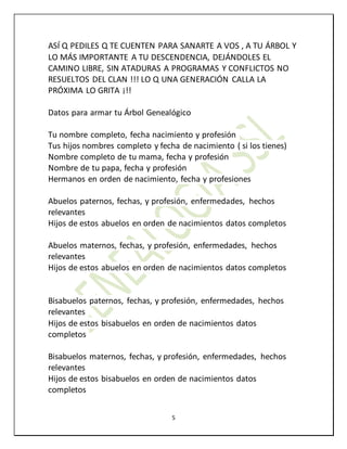 5
ASÍ Q PEDILES Q TE CUENTEN PARA SANARTE A VOS , A TU ÁRBOL Y
LO MÁS IMPORTANTE A TU DESCENDENCIA, DEJÁNDOLES EL
CAMINO LIBRE, SIN ATADURAS A PROGRAMAS Y CONFLICTOS NO
RESUELTOS DEL CLAN !!! LO Q UNA GENERACIÓN CALLA LA
PRÓXIMA LO GRITA ¡!!
Datos para armar tu Árbol Genealógico
Tu nombre completo, fecha nacimiento y profesión
Tus hijos nombres completo y fecha de nacimiento ( si los tienes)
Nombre completo de tu mama, fecha y profesión
Nombre de tu papa, fecha y profesión
Hermanos en orden de nacimiento, fecha y profesiones
Abuelos paternos, fechas, y profesión, enfermedades, hechos
relevantes
Hijos de estos abuelos en orden de nacimientos datos completos
Abuelos maternos, fechas, y profesión, enfermedades, hechos
relevantes
Hijos de estos abuelos en orden de nacimientos datos completos
Bisabuelos paternos, fechas, y profesión, enfermedades, hechos
relevantes
Hijos de estos bisabuelos en orden de nacimientos datos
completos
Bisabuelos maternos, fechas, y profesión, enfermedades, hechos
relevantes
Hijos de estos bisabuelos en orden de nacimientos datos
completos
 