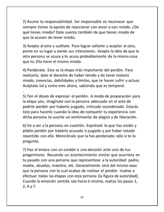 52
2) Asume tu responsabilidad. Ser responsable es reconocer que
siempre tienes la opción de reaccionar con amor o con miedo. ¿De
qué tienes miedo? Date cuenta también de que tienes miedo de
que te acusen de tener miedo.
3) Acepta al otro y suéltate. Para lograr soltarte y aceptar al otro,
ponte en su lugar y siente sus intenciones. Acepta la idea de que la
otra persona se acusa y te acusa probablemente de la misma cosa
que tú. Ella tiene el mismo miedo.
4) Perdónate. Esta es la etapa más importante del perdón. Para
realizarla, date el derecho de haber tenido y de tener todavía
miedo, creencias, debilidades y límites, que te hacen sufrir y actuar.
Acéptate tal y como eres ahora, sabiendo que es temporal.
.
5) Ten el deseo de expresar el perdón. A modo de preparación para
la etapa seis, imagínate con la persona adecuada en el acto de
pedirle perdón por haberla juzgado, criticado ocondenado. Estarás
listo para hacerlo cuando la idea de compartir tu experiencia con
dicha persona te suscite un sentimiento de alegría y de liberación.
6) Ve a ver a la persona en cuestión. Exprésale lo que has vivido y
pídele perdón por haberla acusado o juzgado y por haber estado
resentido con ella. Menciónale que la has perdonado sólo si te lo
pregunta.
7) Haz el enlace con un cordón o una decisión ante uno de tus
progenitores. Recuerda un acontecimiento similar que ocurriera en
tu pasado con una persona que representase a la autoridad: padre,
madre, abuelos, maestro, etc. Generalmente será del mismo sexo
que la persona con la cual acabas de realizar el perdón. Vuelve a
efectuar todas las etapas con esta persona (la figura de autoridad).
Cuando la emoción sentida sea hacia ti mismo, realiza los pasos 1,
2, 4 y 7.
 