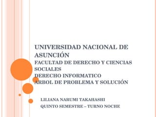 UNIVERSIDAD NACIONAL DE ASUNCIÓN FACULTAD DE DERECHO Y CIENCIAS SOCIALES DERECHO INFORMATICO ARBOL DE PROBLEMA Y SOLUCIÓN LILIANA NARUMI TAKAHASHI QUINTO SEMESTRE – TURNO NOCHE 