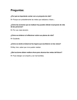 Preguntas:
¿Por qué es importante contar con un proyecto de vida?
R= Porque son probablemente las metas que realizaras a futuro.-.
¿Cómo las acciones que se realizan hoy pueden afectar el proyecto de vida
de las personas?
R= Por una mala decisión.
¿Cómo se sintieron al reflexionar sobre sus planes de vida?
R= Excelente.
¿Cómo se siente al observar los logros que escribieron en las raíces?
R=Muy bien, saber que si se pueden realizar.
¿Qué acciones deben realizar ahora para alcanzar las metas del futuro?
R= Pues trabajar con empeño y ser mal humildes.
