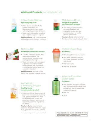 7-Day Body Cleanse
Optional jump-start
•	 Helps cleanse and detoxify the
system and support the
gastrointestinal (GI) tract. Assists
with the gentle elimination of toxins◊
•	 Great way to prepare the body for a
new weight management regimen◊
Key Ingredients: milk thistle, aloe vera,
seaweed extract, antioxidant fruit blend
Nutrition Bar
Fitness recommended product
•	 A healthy balance of protein, fiber,
vitamins and minerals, our
supplement bar satisfies hunger
and helps boost energy◊
•	 Made with nutrient-rich quinoa and
9 grams of pea and rice protein,
more digestible than soy or whey,
the bar satisfies hunger faster and
supports metabolism◊
Key Ingredients: Arbonne Protein
Blend, fiber, vitamins, minerals, quinoa
Antioxidant
& Immunity Booster
Healthy Living
recommended product
•	 A delicious 3 fl. oz. drink containing
juices from pomegranate, blueberry,
açai, grape, cranberry and other
known superfruits; infused with
powerful antioxidant and immunity
ingredients, as well as ingredients
for energy.
Key Ingredients: sacchromyces
cerevisiae (EpiCor®
)*, milk thistle, super
fruits, green tea, Vitamin B12, caffeine.
*	A clinically proven ingredient that supports immune health.◊ ◊
These statements have not been evaluated by the Food
and Drug Administration. This product is not intended to
diagnose, treat, cure or prevent any disease.
Metabolism Boost
Weight Management
recommended product
•	 This dietary supplement helps
the body metabolize fats
and carbohydrates and also
provides support for healthy
glucose metabolism.◊
Key Ingredients: Arbonne Herbal
Blend, green tea extract, coleus forskohii
Protein Shaker Cup
Accessory
•	 Perfect cup for mixing your shakes
•	 Wire whisk ball helps break up
the Protein Shake Mix and Daily
Fiber Boost
•	 Dishwasher safe
•	 BPA-free; recyclable
Arbonne Essentials
Water Bottle
Accessory
•	 Stay hydrated throughout your day
with this Essential companion that’s
just the right size for use with the
7-day Body Cleanse.
•	 BPA-free
•	 32 oz.
Additional Products (not included in kit):
5
 