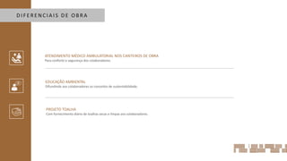 D I F E R E N C I A I S D E O B R A
EDUCAÇÃO AMBIENTAL
Difundindo aos colaboradores os conceitos de sustentabilidade.
PROJETO TOALHA
Com fornecimento diário de toalhas secas e limpas aos colaboradores.
ATENDIMENTO MÉDICO AMBULATORIAL NOS CANTEIROS DE OBRA
Para conforto e segurança dos colaboradores.
 