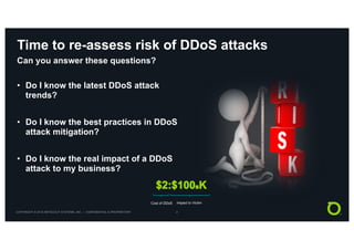 COPYRIGHT © 2018 NETSCOUT SYSTEMS, INC. | CONFIDENTIAL & PROPRIETARY 2
Do I know the• latest DDoS attack
trends?
Do I know the best practices in• DDoS
attack mitigation?
Do I know the real impact of a• DDoS
attack to my business?
Time to re-assess risk of DDoS attacks
Can you answer these questions?
Cost of DDoS Impact to Victim
 