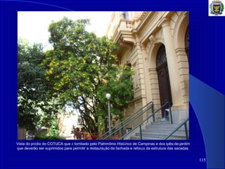 115
Vista do prédio do COTUCA que é tombado pelo Patrimônio Histórico de Campinas e dos ipês-de-jardim
que deverão ser suprimidos para permitir a restauração da fachada e reforço da estrutura das sacadas.
 