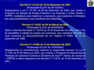 81
Decreto nº 13.819 de 19 de Dezembro de 2001
(Publicação D.O.M. de 20/12/2001)
Regulamenta a Lei nº 10.704, de 04 de Dezembro de 2000, que “Institui o
Programa de Adoção de Praças Públicas e de Esportes e Áreas Verdes –
PAPPE, estabelece seus objetivos e processos, suas espécies e limitações
das responsabilidades e dos benefícios dos adotantes.”
Decreto nº 14.661 de 04 de Março de 2004
(Publicação D.O.M. de 05/03/2004)
Altera o Decreto Municipal nº 13.819 de 19 de Dezembro de 2001, com o fito
de possibilitar a adoção de praças em Campinas, sem ressaibos de lesão ao
meio ambiente ou descumprimento da Lei Federal nº 9.605, de 12 de
Dezembro de 1998.
Decreto nº 14.908 de 13 de Setembro de 2004
(Publicação D.O.M. de 14/09/2004)
Regulamenta os procedimentos relativos à cooperação prevista na Lei nº
11.146, de 07 de Março de 2002, que instituiu o Programa de Manutenção e
Proteção de Canteiros Centrais e Encostas de Vias P´´ublicas de Campinas
– PMPCE e altera dispositivos do Decreto nº 13.819, de 19 de Dezembro de
2001.
 