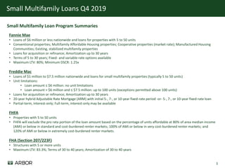 1
Small Multifamily Loans Q4 2019
Small Multifamily Loan Program Summaries
Fannie Mae
• Loans of $6 million or less nationwide and loans for properties with 5 to 50 units
• Conventional properties; Multifamily Affordable Housing properties; Cooperative properties (market-rate); Manufactured Housing
Communities; Existing, stabilized multifamily properties
• Loans for acquisition or refinance; Amortization up to 30 years
• Terms of 5 to 30 years; Fixed- and variable-rate options available
• Maximum LTV: 80%; Minimum DSCR: 1.25x
Freddie Mac
• Loans of $1 million to $7.5 million nationwide and loans for small multifamily properties (typically 5 to 50 units)
• Unit limitations:
• Loan amount ≤ $6 million: no unit limitations
• Loan amount > $6 million and ≤ $7.5 million: up to 100 units (exceptions permitted above 100 units)
• Loans for acquisition or refinance; Amortization up to 30 years
• 20-year hybrid Adjustable Rate Mortgage (ARM) with initial 5-, 7-, or 10-year fixed-rate period -or- 5-, 7-, or 10-year fixed-rate loan
• Partial-term, interest-only; Full-term, interest-only may be available
FHFA
• Properties with 5 to 50 units
• FHFA will exclude the pro rata portion of the loan amount based on the percentage of units affordable at 80% of area median income
(AMI) or below in standard and cost-burdened renter markets; 100% of AMI or below in very cost-burdened renter markets; and
120% of AMI or below in extremely cost-burdened renter markets.
FHA (Section 207/223F)
• Structures with 5 or more units
• Maximum LTV: 83.3%; Terms of 30 to 40 years; Amortization of 30 to 40 years
 